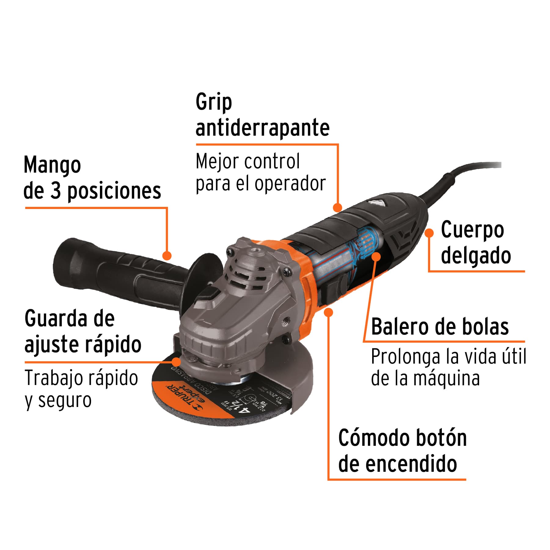 Esmeriladora angular 4-1/2", 700W, TRUPER PRO