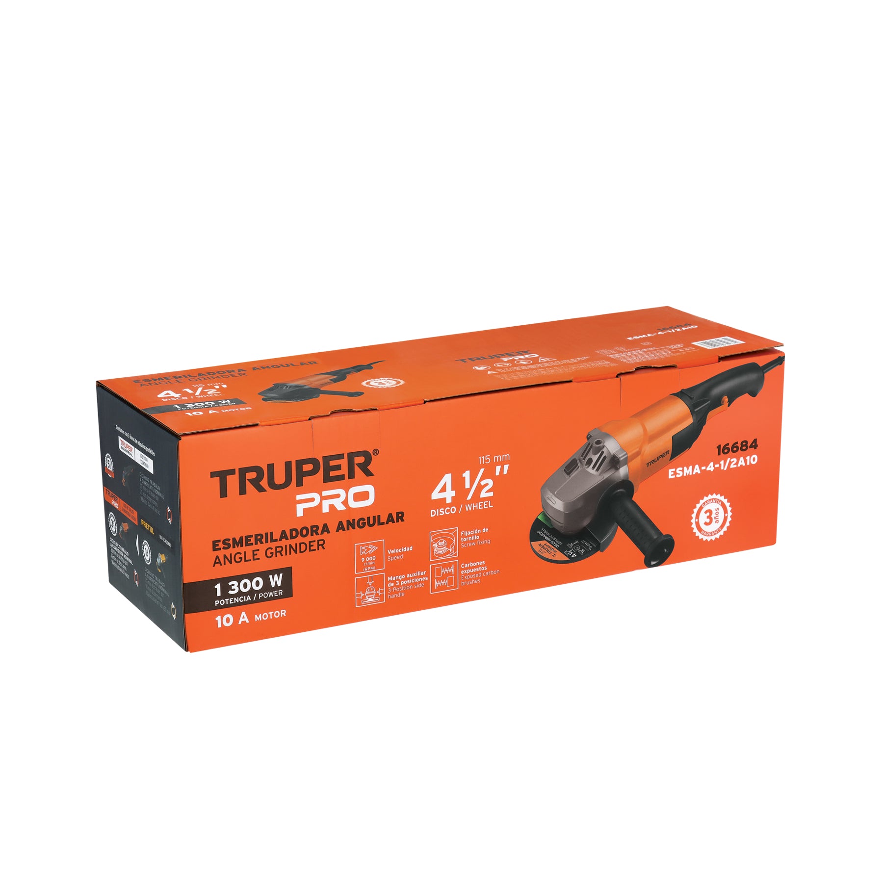 Esmeriladora angular 4-1/2", 1300W, TRUPER PRO
