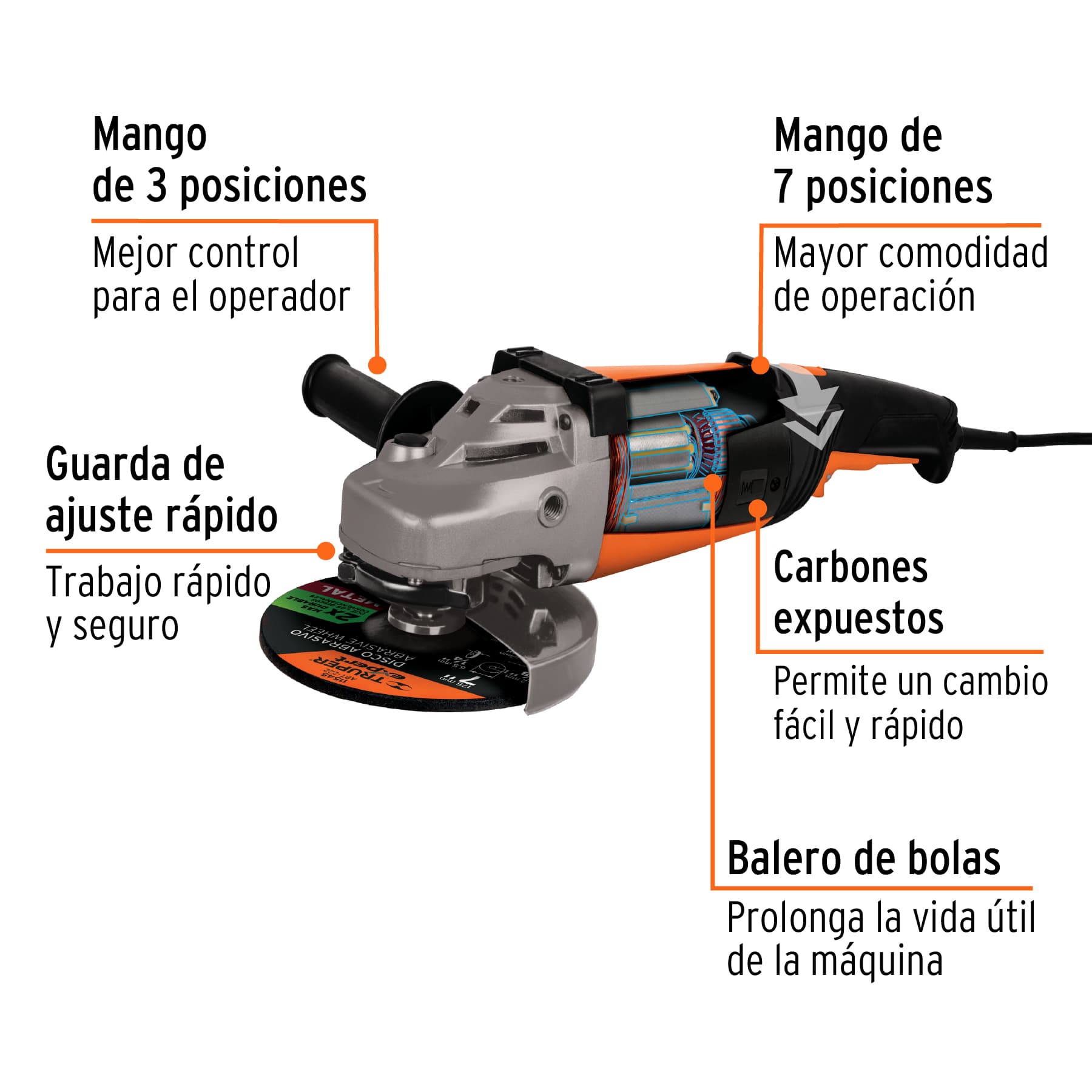 Esmeriladora angular 7", 2200W, TRUPER PRO