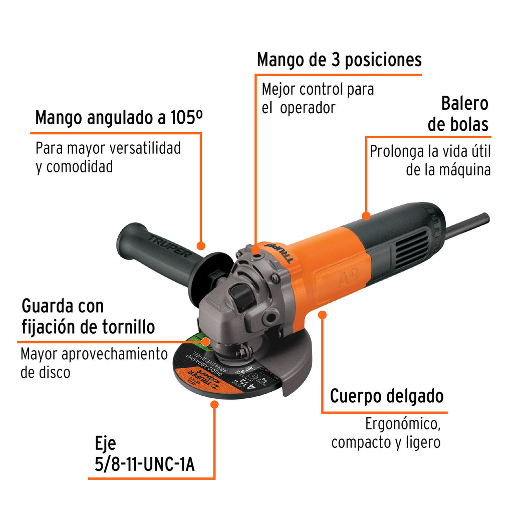 Esmeriladora angular 4-1/2", 800W, TRUPER PRO