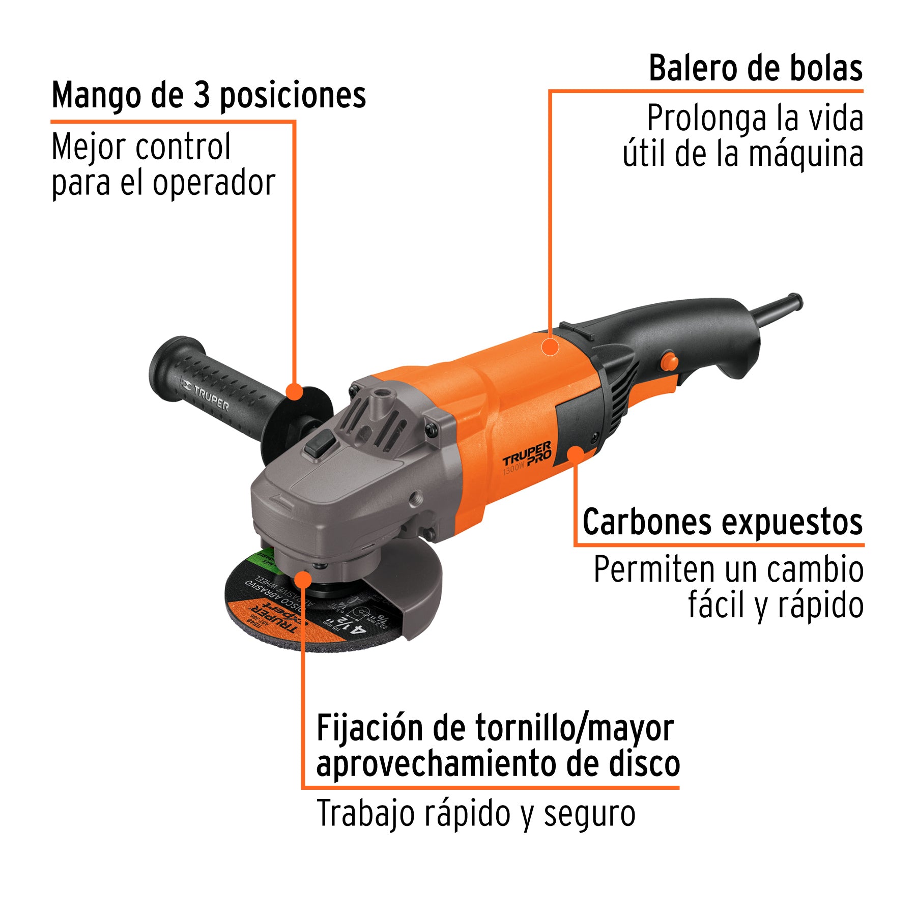 Esmeriladora angular 4-1/2", 1300W, TRUPER PRO